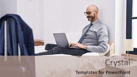  Presentation with business hotel - PPT theme featuring young-hispanic-man-business-worker background and a coral colored foreground