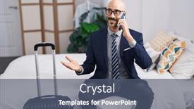  Presentation with hotel business - Slide set consisting of young-hispanic-man-business-worker background and a  colored foreground