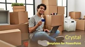  Presentation with credit card - PPT theme having young-hispanic-man-buying-using background and a violet colored foreground