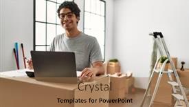  Presentation with new home - PPT theme with young-hispanic-man-calculate-economy background and a coral colored foreground