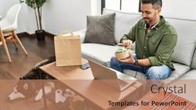  Presentation with call center - Theme featuring young-hispanic-man-call-center background and a coral colored foreground