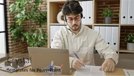  Presentation with writing notes - Slide set having young-hispanic-man-call-center background and a  colored foreground