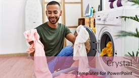  Presentation with clothes washing machine - Presentation with young-hispanic-man-cleaning-clothes background and a coral colored foreground