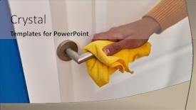  Presentation with man door - Presentation theme enhanced with young-hispanic-man-cleaning-door background and a soft green colored foreground