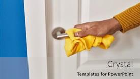  Presentation with man door - Slides having young-hispanic-man-cleaning-door background and a soft green colored foreground