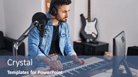  Presentation with music studio - Slide deck enhanced with young-hispanic-man-composer-composing background and a ocean colored foreground