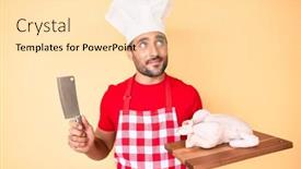  Presentation with cooking rotisserie chicken - Audience pleasing slide set consisting of young-hispanic-man-cooking-chicken backdrop and a lemonade colored foreground