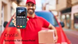  Presentation with man holding phone - Presentation theme with young-hispanic-man-courier-holding background and a  colored foreground