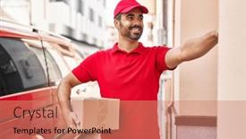  Presentation with press - Presentation theme with young-hispanic-man-courier-holding background and a coral colored foreground