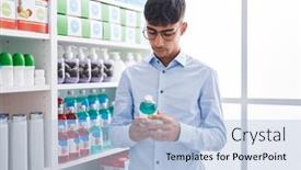  Presentation with medication - PPT theme with young-hispanic-man-customer-reading background and a light blue colored foreground