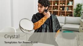  Presentation with beard - PPT theme having young-hispanic-man-cutting-beard background and a light gray colored foreground