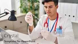  Presentation with pcr - PPT theme featuring young-hispanic-man-doctor-holding background and a mint green colored foreground