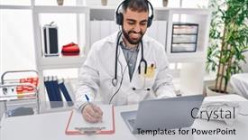  Presentation with report - Presentation theme featuring young-hispanic-man-doctor-listening background and a  colored foreground