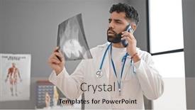  Presentation with xray - PPT theme with young-hispanic-man-doctor-looking background and a light gray colored foreground