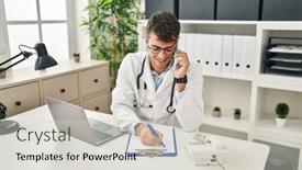  Presentation with report - PPT theme featuring young-hispanic-man-doctor-talking background and a light gray colored foreground