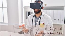 Presentation with virtual reality - PPT layouts consisting of young-hispanic-man-doctor-using background and a mint green colored foreground