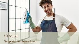  Presentation with iron - Presentation theme enhanced with young-hispanic-man-doing-chores background and a soft green colored foreground