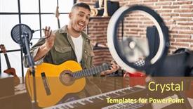  Presentation with achievement - Presentation theme enhanced with young-hispanic-man-doing-online background and a tawny brown colored foreground