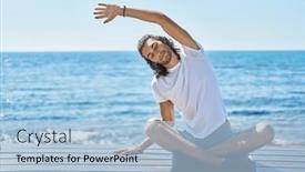  Presentation with man sitting bench - Presentation theme enhanced with young-hispanic-man-doing-yoga background and a light blue colored foreground