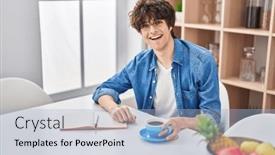  Presentation with coffee book - Presentation enhanced with young-hispanic-man-driking-coffee background and a light blue colored foreground