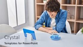  Presentation with coffee - Presentation design consisting of young-hispanic-man-driking-coffee and a  colored foreground