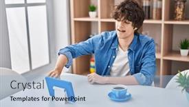  Presentation with coffee - Slide set having young-hispanic-man-driking-coffee and a light blue colored foreground