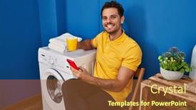  Presentation with laundry room - Slide set featuring young-hispanic-man-drinking-coffee background and a tawny brown colored foreground