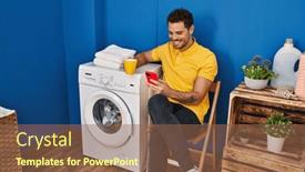  Presentation with laundry room - Slides featuring young-hispanic-man-drinking-coffee background and a violet colored foreground