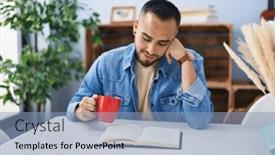  Presentation with coffee book - PPT theme having young-hispanic-man-drinking-coffee background and a light blue colored foreground