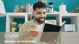  Presentation with coffee book - Presentation enhanced with young-hispanic-man-drinking-coffee background and a coral colored foreground