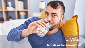  Presentation with drinking water - PPT theme featuring young-hispanic-man-drinking-water background and a ocean colored foreground