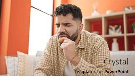  Presentation with eating - PPT theme with young-hispanic-man-eating-doughnut background and a coral colored foreground