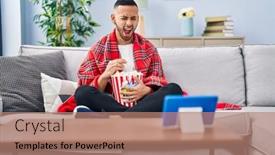  Presentation with movie popcorn - Presentation design consisting of young-hispanic-man-eating-popcorn background and a  colored foreground