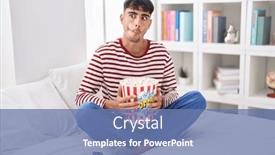  Presentation with movie popcorn - Presentation theme consisting of young-hispanic-man-eating-popcorn background and a teal colored foreground