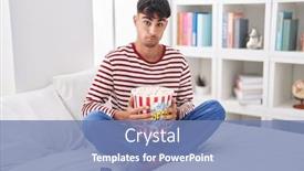  Presentation with popcorn movie - PPT theme having young-hispanic-man-eating-popcorn background and a  colored foreground