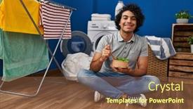  Presentation with laundry room - Slide set enhanced with young-hispanic-man-eating-salad background and a  colored foreground