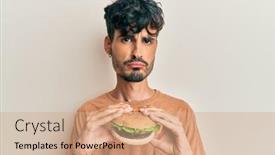  Presentation with burger - Audience pleasing slide deck consisting of young-hispanic-man-eating backdrop and a coral colored foreground