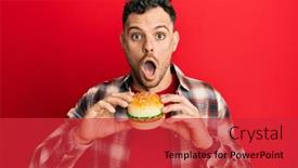  Presentation with burger - Colorful presentation enhanced with young-hispanic-man-eating backdrop and a red colored foreground