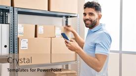  Presentation with ecommerce - Presentation theme having young-hispanic-man-ecommerce-business background and a coral colored foreground