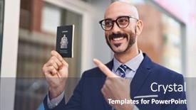  Presentation with executive performance evaluation - Slide deck having young-hispanic-man-executive-holding background and a ocean colored foreground