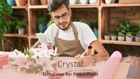  Presentation with counting - Slide deck with young-hispanic-man-florist-counting background and a coral colored foreground