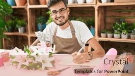  Presentation with counting - Slides with young-hispanic-man-florist-counting background and a coral colored foreground