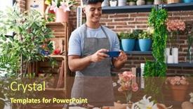  Presentation with young plant - PPT theme consisting of young-hispanic-man-florist-make background and a tawny brown colored foreground
