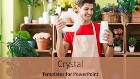  Presentation with young plant - Slide set consisting of young-hispanic-man-florist-smiling background and a coral colored foreground