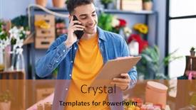  Presentation with reading - PPT theme with young-hispanic-man-florist-talking background and a  colored foreground