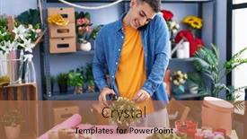  Presentation with young plant - PPT theme consisting of young-hispanic-man-florist-talking background and a  colored foreground