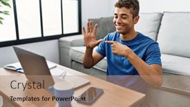  Presentation with sign language - Beautiful PPT layouts featuring young-hispanic-man-gesturing-sign backdrop and a coral colored foreground