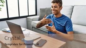  Presentation with sign language - PPT theme enhanced with young-hispanic-man-gesturing-sign background and a coral colored foreground