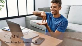  Presentation with sign language - Presentation design featuring young-hispanic-man-gesturing-sign background and a  colored foreground
