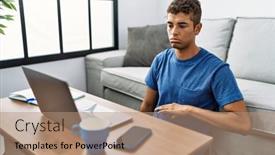 Presentation with sign language - PPT theme with young-hispanic-man-gesturing-sign background and a coral colored foreground